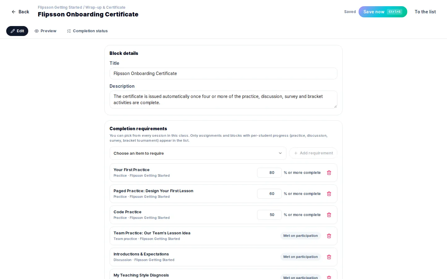 Certificate settings — define completion conditions for each activity.
