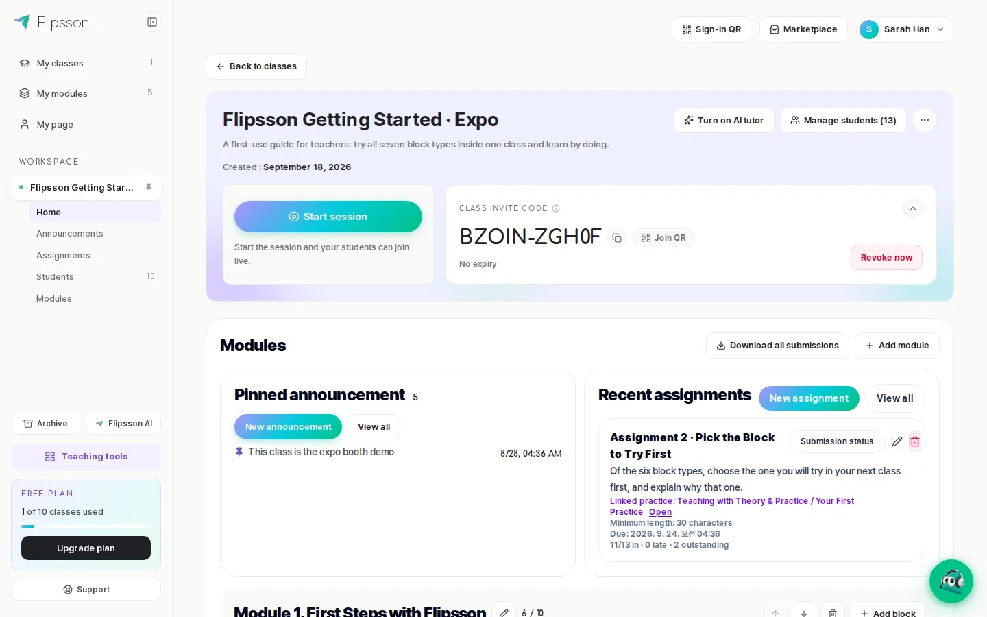 Class home — start a live class, invitation code, announcements and recent assignments.