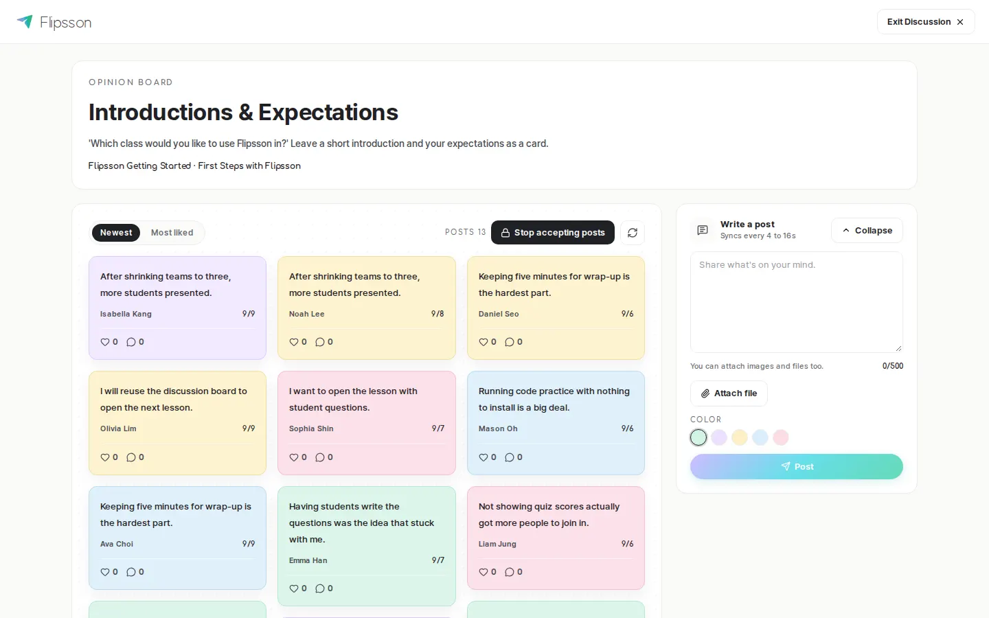 Opinion board — student opinion cards are gathered on a single board.