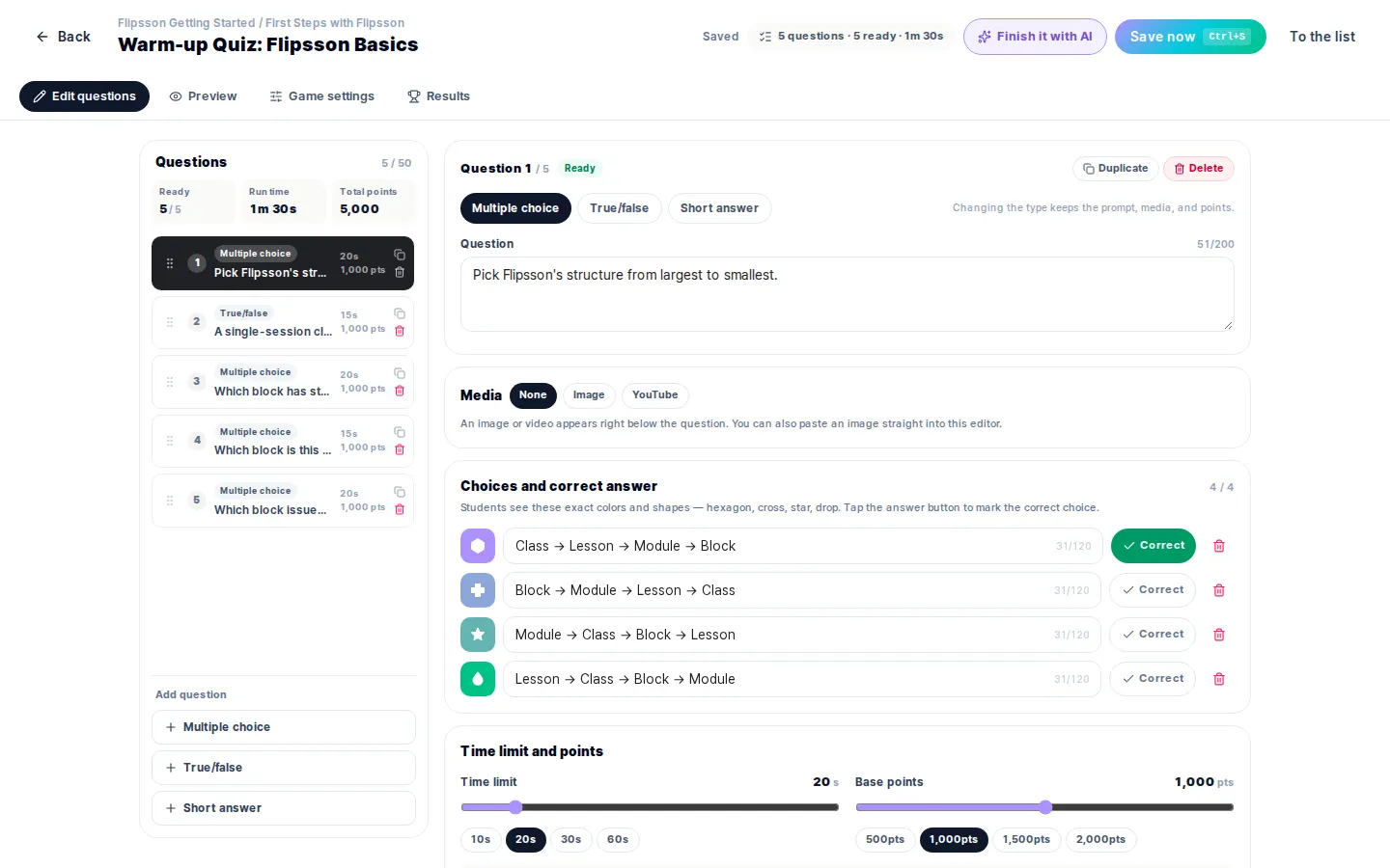 Live quiz editor — set questions, answers, time limits and points, and scores and rankings are calculated automatically.