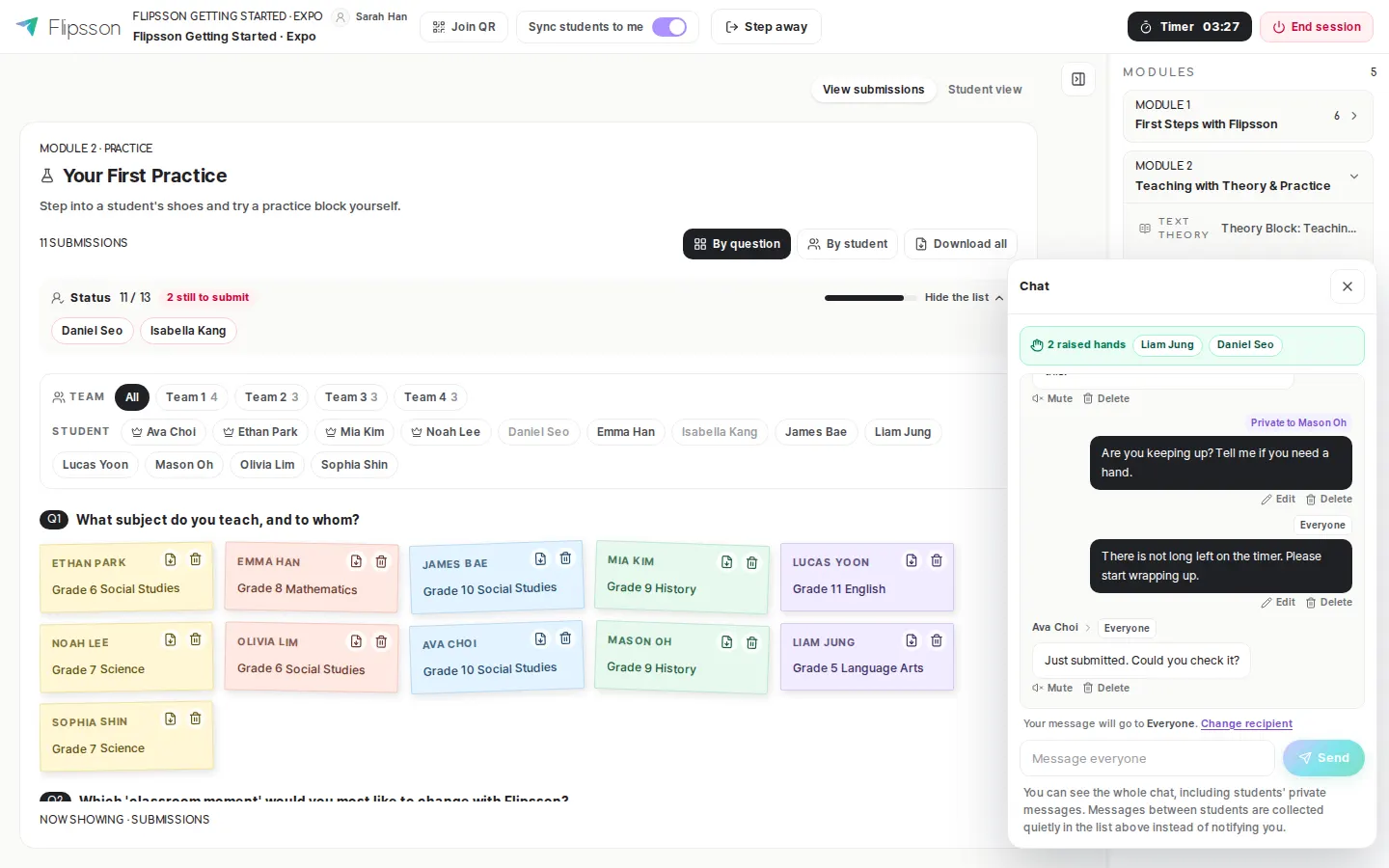 Live practice — student answers accumulate in real time and submission status is displayed.