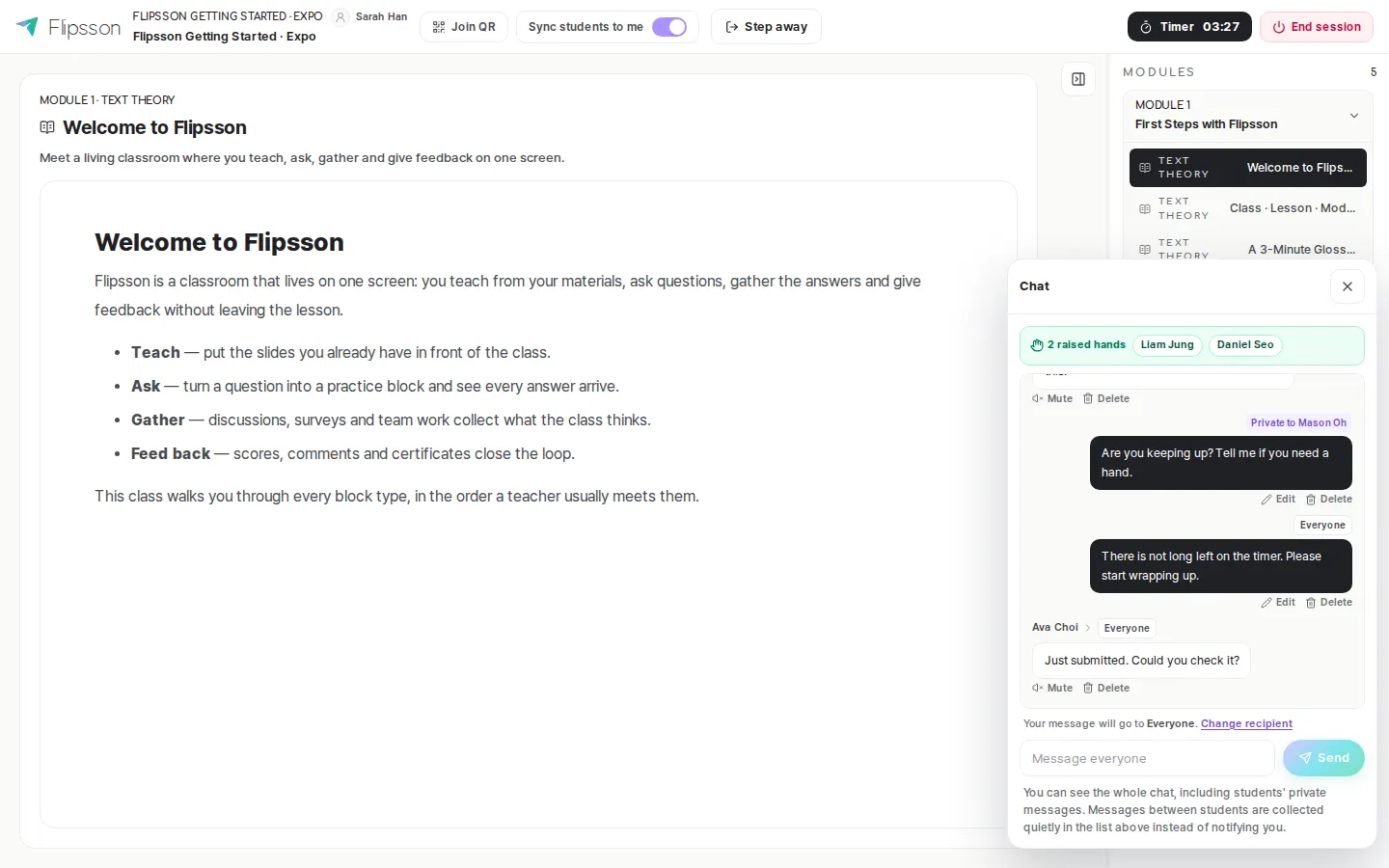 Live class instructor screen — two students with raised hands and the chat appear on the right.