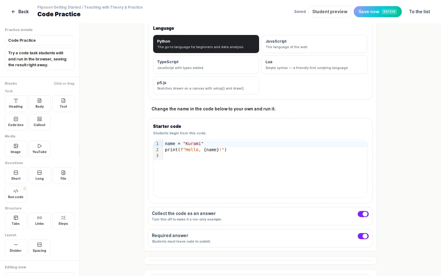 Code practice — choose a language such as Python or JavaScript and run code directly in the browser.