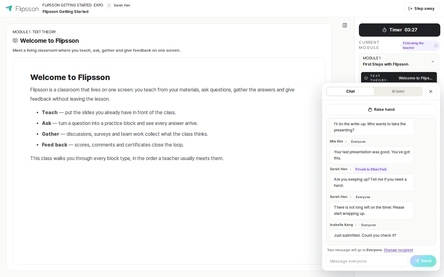 Live class student screen — follows the screens as the instructor advances them.