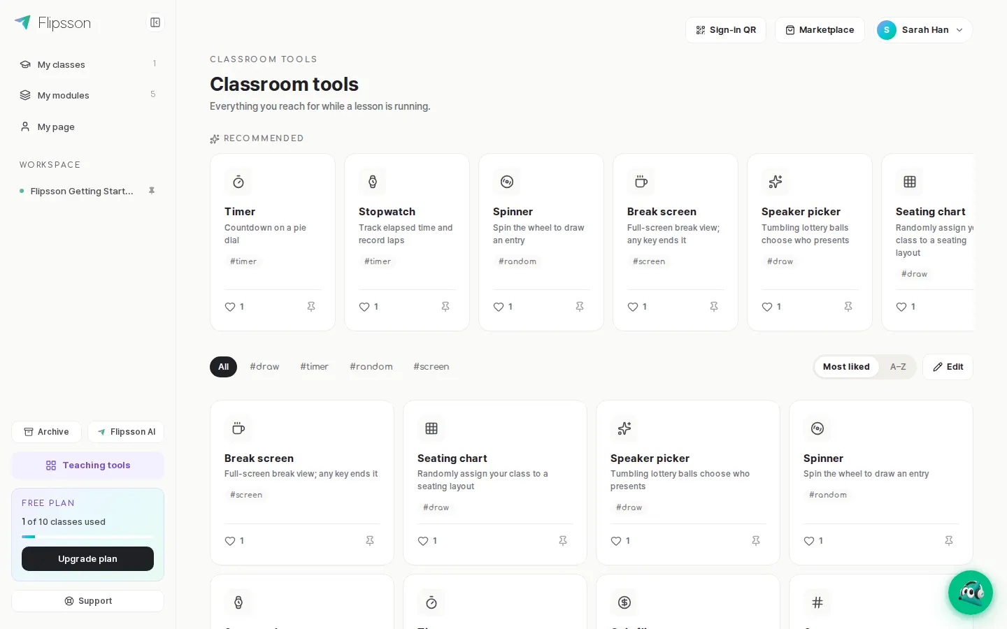 Classroom tools — timer, stopwatch, roulette, presenter picker, seating chart.